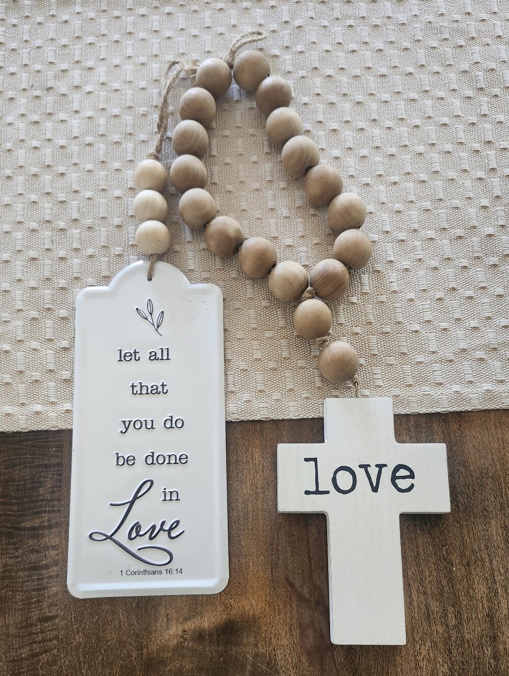 Hobby Lobby White Wood Cross and Tag Beaded Wall Hanging